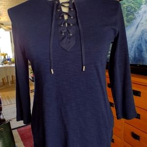 Chaps Navy knit 3/4 sleeve lace-up top size L